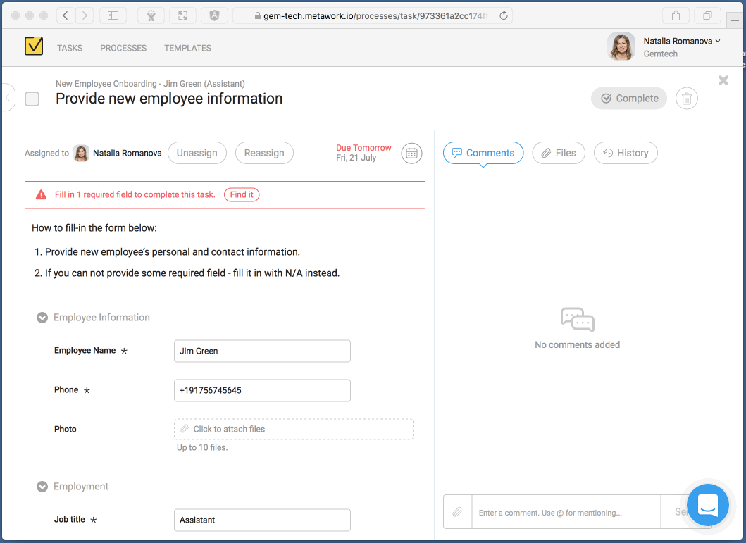 Animation of a long form and an assistant