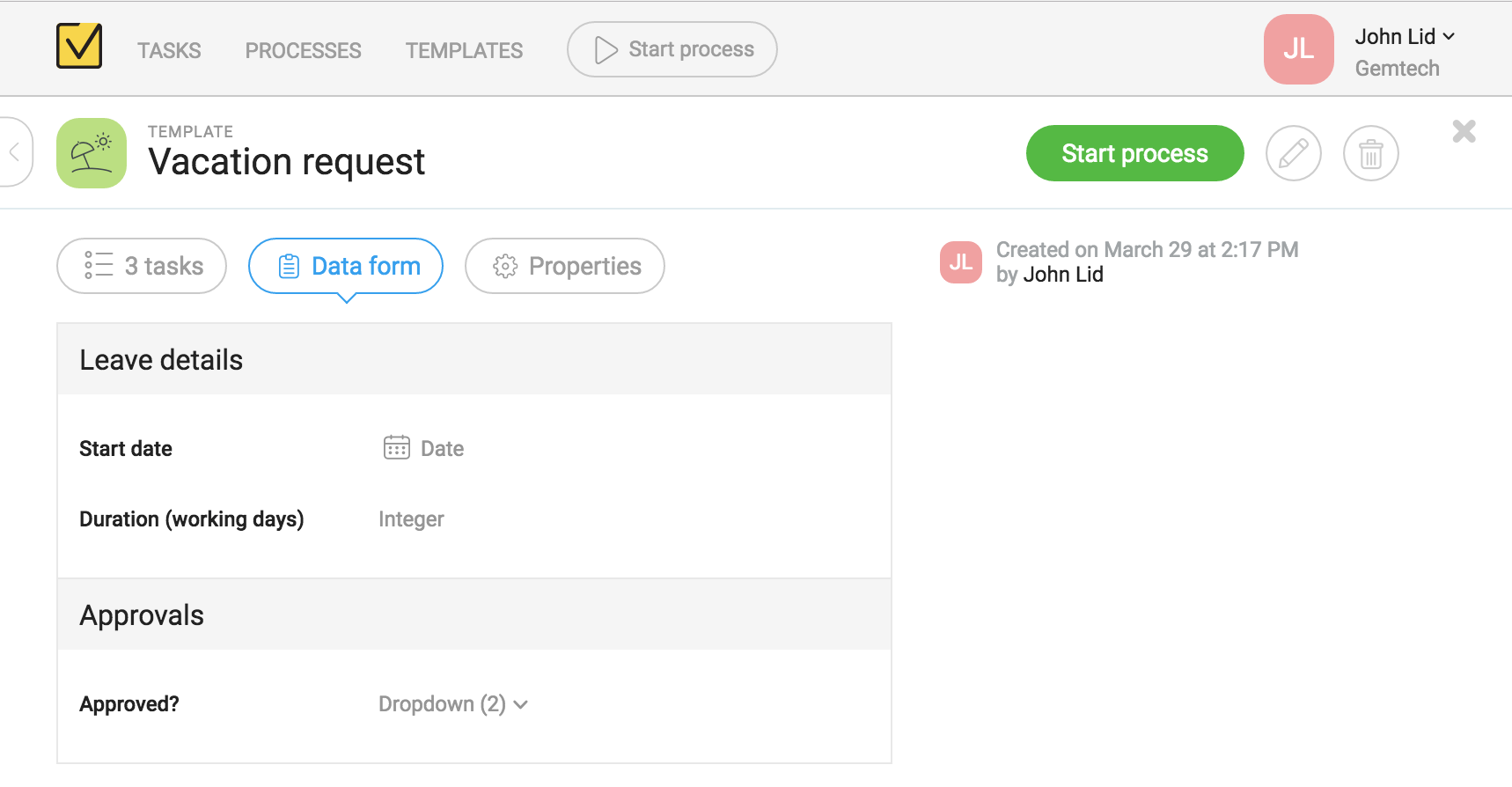 Form data for Vacation request process