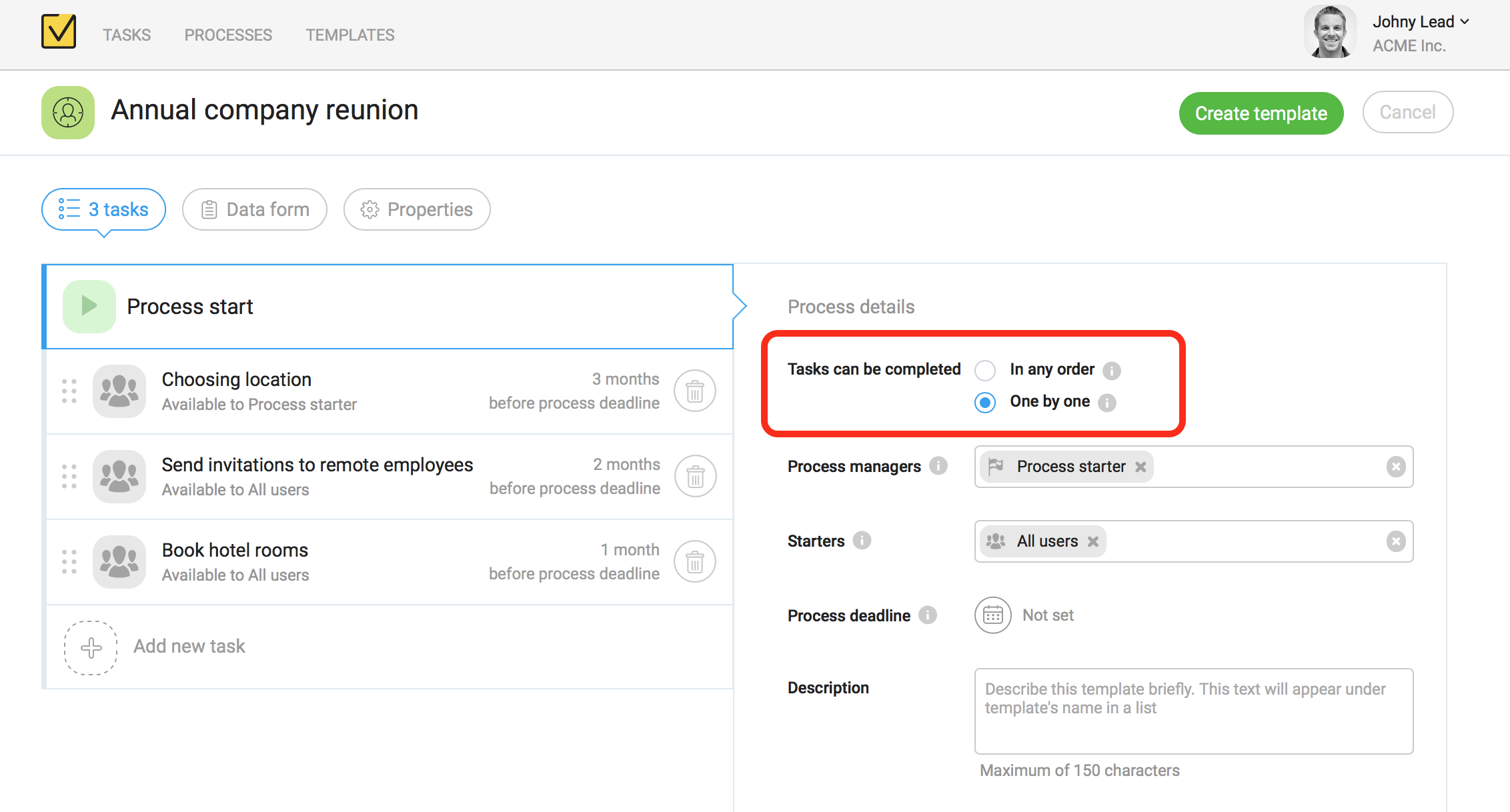 Configuring process options