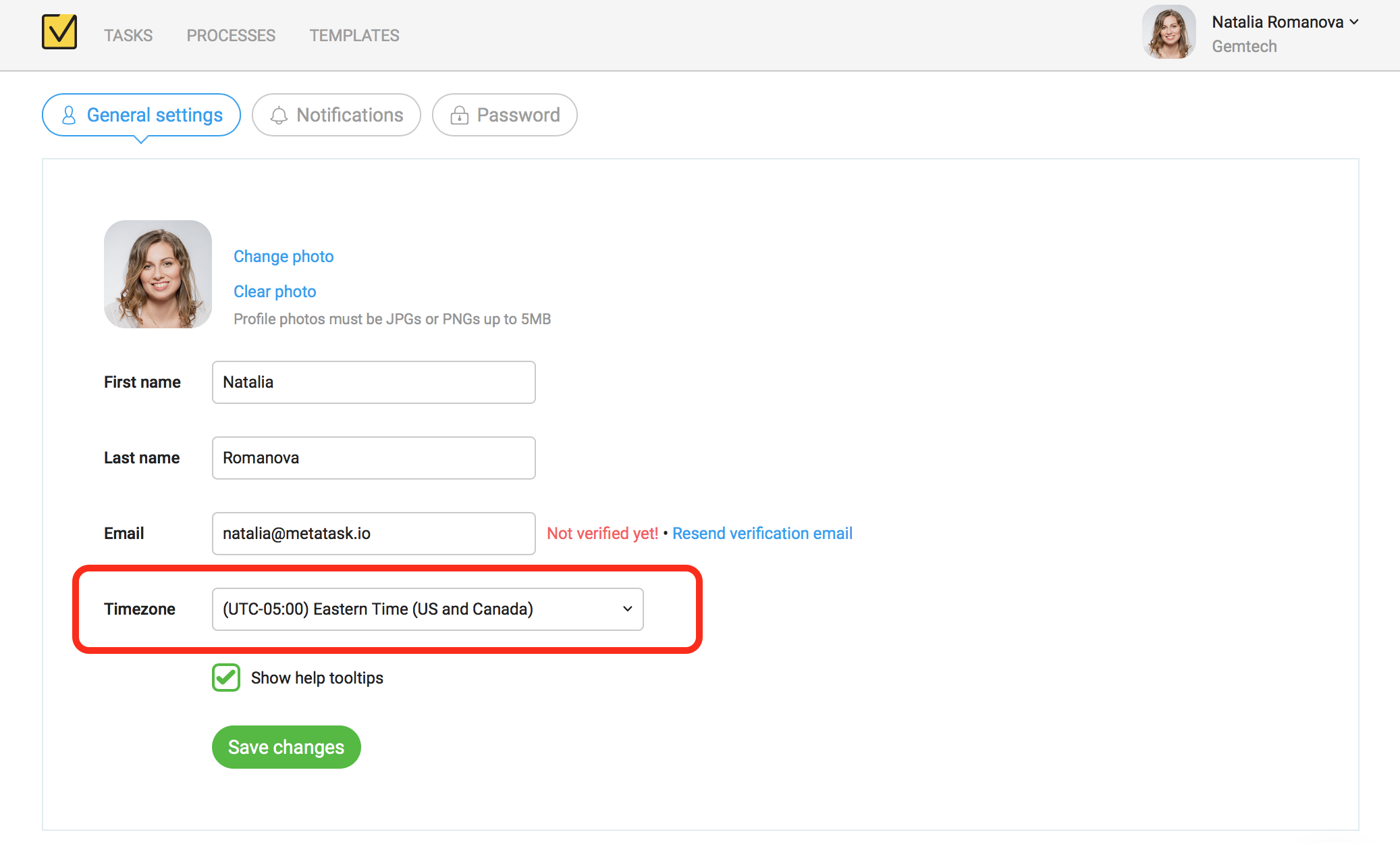 Time zone setting in a user profile