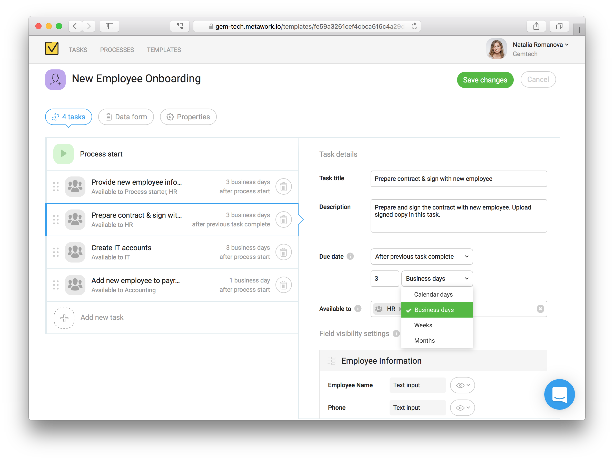 Setting task due date with business days