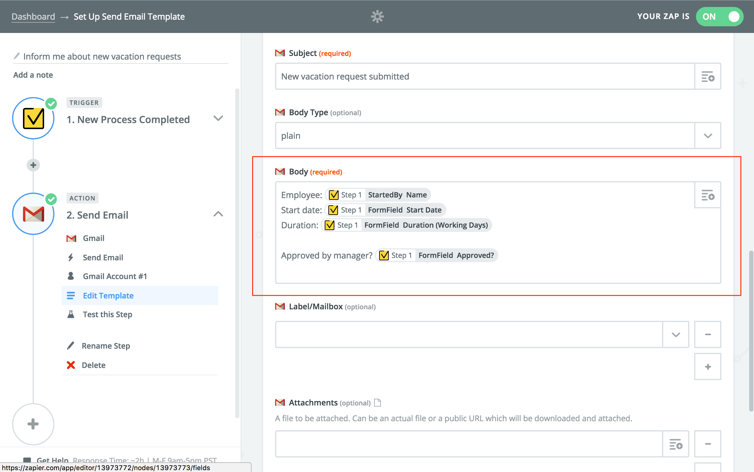 Email template with form data fields